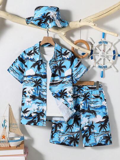 男童休闲时尚简约度假风椰树船形印花衬衫短裤套装，两件套，宽松舒适，运动休闲风，适合春季、夏季日常穿着、通勤、户外活动、上学、街头、派对、拍照等场合。
