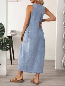 EMERY ROSE Plus Size Sleeveless Casual Denim Dress - Light Wash - View 2