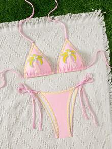 SHEIN Swim Mod 女士比基尼泳衣套装，饰有珍珠和椰子树图案，适合春夏海滩、度假和约会穿着。 - 粉色 - 查看 4