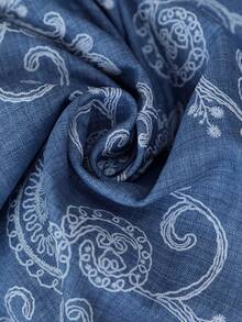 Linhara Plus Size Linen-Feel Embroidered Casual Short Sleeve Blouse For Women, Spring/Summer - Blue - View 4