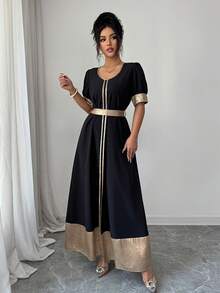 SHEIN Elenzya 新款女士黑色连衣裙，饰以金色滚边，优雅泡泡袖收腰设计。采用奢华的丝绒点缀，尽显中东风情，尽显高贵气质。适合夏季、度假、假日、办公、教师等场合穿着。 - 黑色 - 查看 5