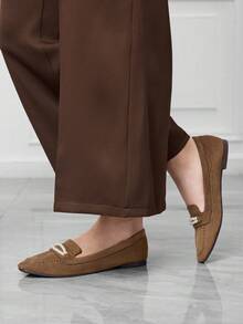 CUCCOO BIZCHIC Women's Square Toe Loafers With Metal Ring Buckle Design, Versatile Slip-On Shoes For Commuting And Work - Coffee Brown - View 2