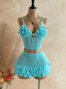 Soleia Women's Vacation Casual Outfit - Teal Blue Ruffle Camisole Sweater + Ruffle Mini Skirt Set, Suitable For Holiday, Date, Afternoon Tea, Music Festival, Boho, Beach Vacation, Summer, Daily Commute - Teal Blue - View 7