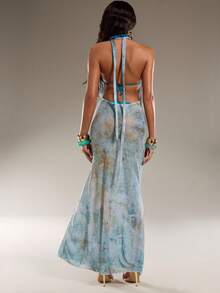 Normani Damen Neues Sommerkleid, Batik-Muster Boho transparente Strandabdeckung, elegantes, sexy, romantisches Retro-Kleid mit tiefem Rückenausschnitt und Raffung am Ausschnitt, Damen Resort-Bekleidung, Damen Strandkleid, Wickelkleider für Damen, Damenkleider - Verschiedenfarbig - Übersicht 2