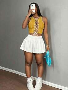Slaydiva 休闲基础款运动性感Y2K街头风交叉撞色罗纹无袖露脐上衣（女款） - 黃色 - 查看 3