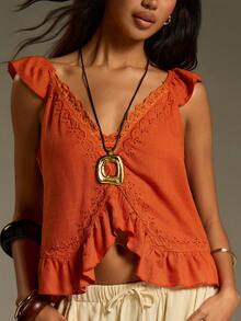 Athîral Women's Casual V-Neck Ruffle Patchwork Orange Blouse - Orange - View 5