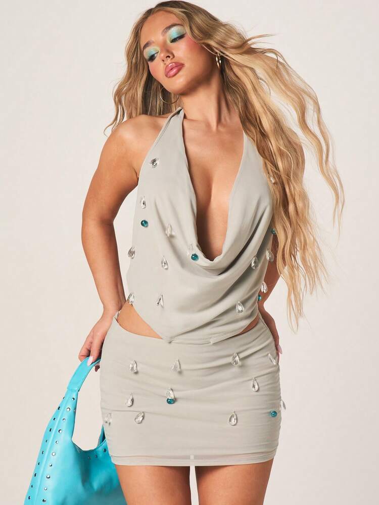 MISSGUIDED Sage Halter Neck Bodycon Mini Dress With Crystal Teardrop Embellishments Deep Plunge Neckline Party Cocktail Evening Wear