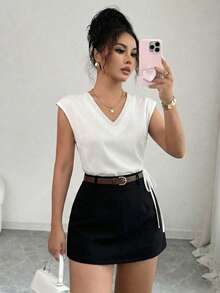 Elenzga Women's Spring/Summer French Elegant Ruffled Collar Asymmetrical Hem Cinched Waist Short Sleeve Blouse Seksi Chic - Apricot - View 7