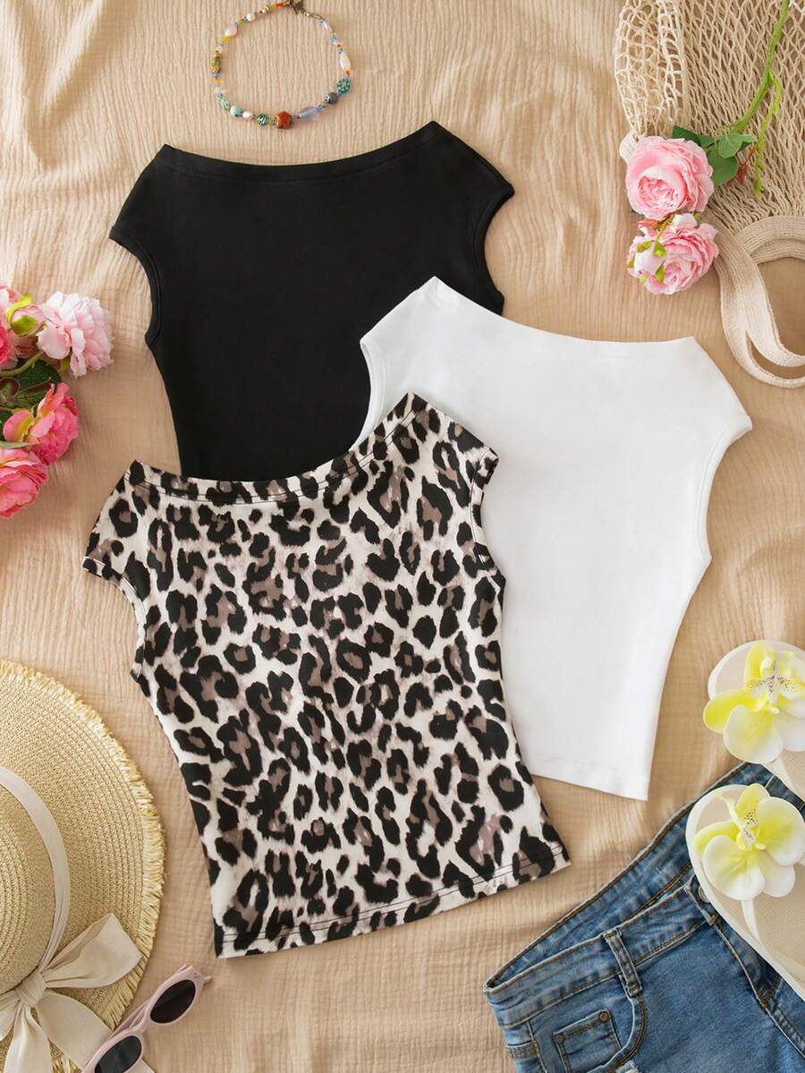 3pcs/Set Tween Girls Vacation Snug Fit Off Shoulder Multicolor T-Shirts - Black and White - View 1