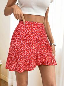 KARISMINA Women's Ditsy Floral Drawstring Side Ruffle Hem Fashionable Mini Skirt, Suitable For Vacation - Pink - View 6