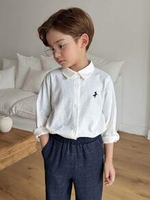 DAZY Young Boy Embroidered Front Button Casual Long Sleeve Shirt - White - View 6