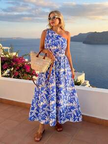 Vivid Eden 大码女装春夏时尚休闲优雅浪漫度假日常印花不对称修身连衣裙，面料柔软舒适，蓝色连衣裙 - 藍色 - 查看 9