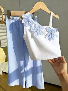 Tween Girl Summer Fresh Sweet 3D Floral Decor Asymmetrical Shoulder Top And Striped Pants Set - Blue - View 2