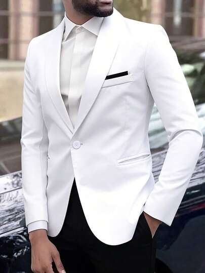 Manfinity Bizformal Men's White Shawl Neck Single-Breasted Pocket Suit Jacket Men White Suit Set Summer Suit Men