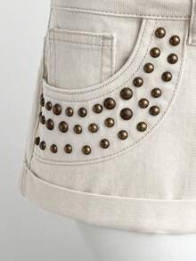 Elamini Women's Casual Everyday Washed Denim Shorts With Pockets And Buttons - Beige - View 6