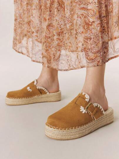 Styleloop 女性用フラットスリッポン、カジュアルバケーションフラットミュール、編み込み素材、レトロアメリカンスタイル、ボヘミアン、ウエスタンブーツ、コーチェラミュージックフェスティバル、パーティーアウトフィット