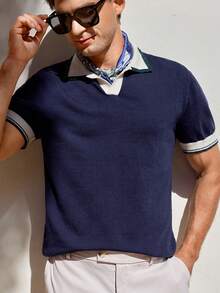 Manfinity CityGents 男士休闲针织毛衣，意大利度假男士服装，男士 Polo 衫，男士高尔夫球衫，春夏假日 - 藏蓝色 - 查看 1