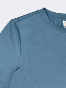 SHEIN T-shirt à manches courtes à col rond unicolore, style décontracté de rue pour adolescents. Polyvalent et confortable. Convient pour les trajets, l'école, les sorties décontractées, les vacances, les sports, le printemps/été - Bleu gris - Voir 6