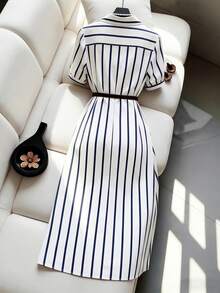 Franclia Women's Blue & White Striped Short Sleeve Midi Dress - Blue and White - View 2