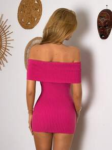 EgrlEra Women's Fashionable Pink Knit Off-Shoulder Dress - Pink - View 3