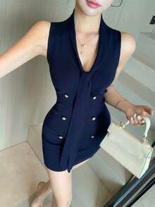 DAZY Frühlings- und Sommer-Minikleid mit blauer Schleifenkragen-Verzierung, elegant für Schule, Valentinstag, Hochzeit, Party, Büro - marineblau - Übersicht 7