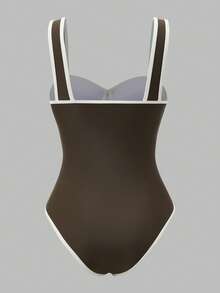 Swim Oasis Women's Brown Summer Elegant Vacation Holiday Contrast Trim Padded Push-Up One-Piece Swimsuit & Printed Tankini Set With Cover-Up Skirt Beach Outfits - Brown - View 11
