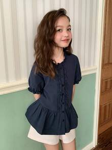 DAZY Tween Girl Solid Color Frill Trim Short Petal Sleeve Single-Breasted Casual Shirt Summer - Navy Blue - View 3