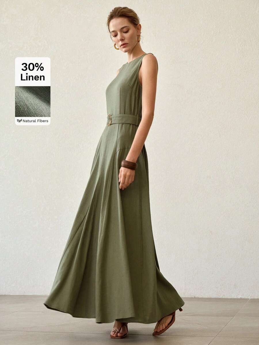 MOTF PREMIUM 女士长款亚麻圆领无袖喇叭下摆开衩腰身经典优雅百搭度假田园风连衣裙，春夏款 - 墨綠色 - 查看 1