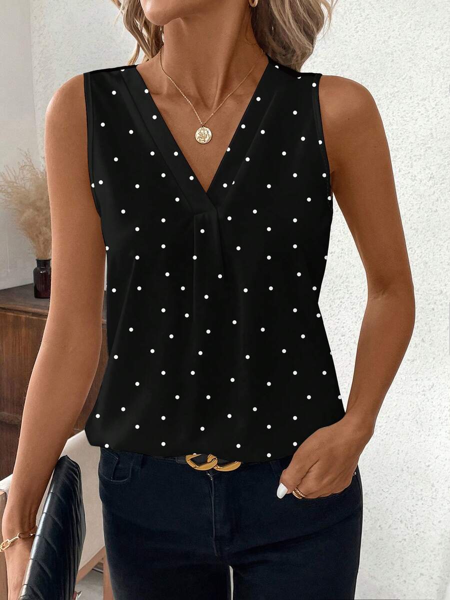 SHEIN Clasi 大码优雅波点印花V领衬衫，适合夏季通勤 - 彩色 - 查看 1