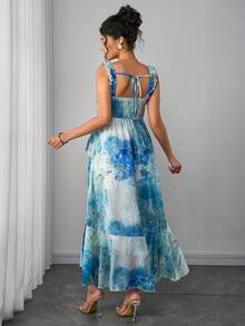 Momance 孕妇连衣裙，双层荷叶边装饰，带衬垫胸部设计，褶裥胸部，贝壳花卉雪纺数码印花，双层荷叶边下摆，多层蛋糕裙 - 彩色 - 查看 2