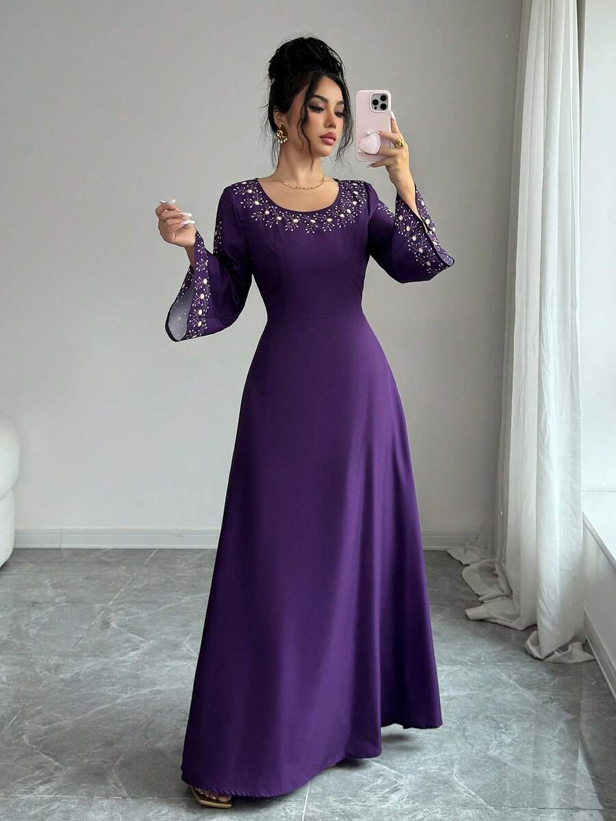 SHEIN Elenzya Vestido elegante y sofisticado para mujer con estampado de posicionamiento, manga larga, cuello redondo y silueta evasé - Morado - Ver 1