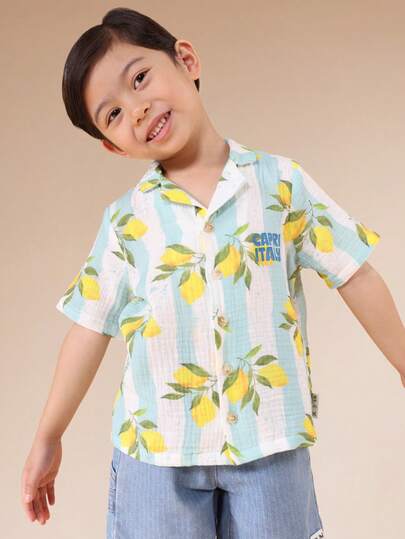 SUMWON Boys Oversized Short Sleeve Lemon Print Button Down Shirt With Collar Tropical Summer Hawaiian Style