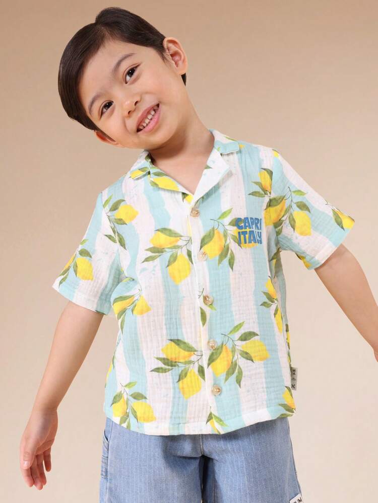 Boys Oversized Short Sleeve Lemon Print Button Down Shirt With Collar Tropical Summer Hawaiian Style