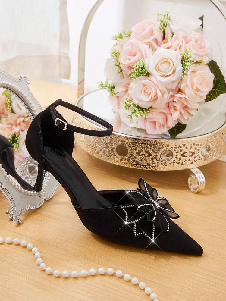 CUCCOO HITCHD Women Shoes Four Seasons New Bow With Diamond Design Pointed Toe Thin Heel High Heel Sexy Elegant Temperament Fashion Square Silk Women's High Heel Shoes Sticking Heels Dress Shoes Dating Afternoon Tea Wedding Bridesmaids Bridal Party Valentine's Day Elegant Dress