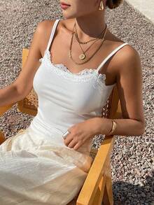 DAZY Women's Summer Lace Patchwork Fitted Cropped Camisole, Casual Street Style Layering Tank Top - White - View 5