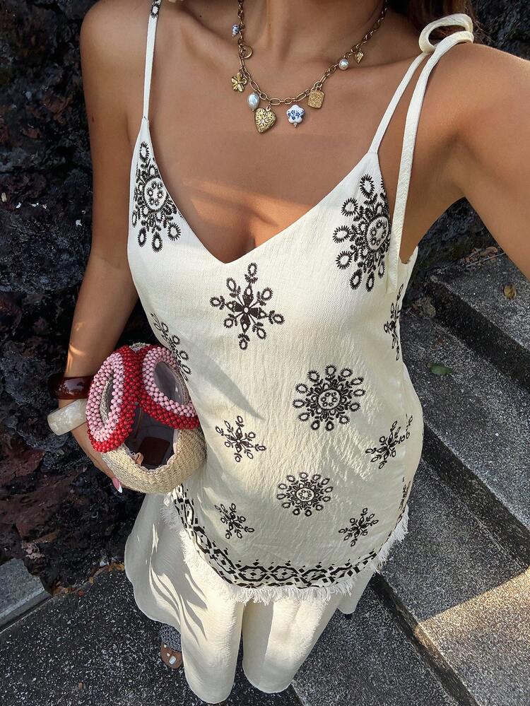 Women's V-Neck Contrast Color Patchwork Print Spaghetti Strap Dress, Vacation & Casual Style Sundress Summer Boho