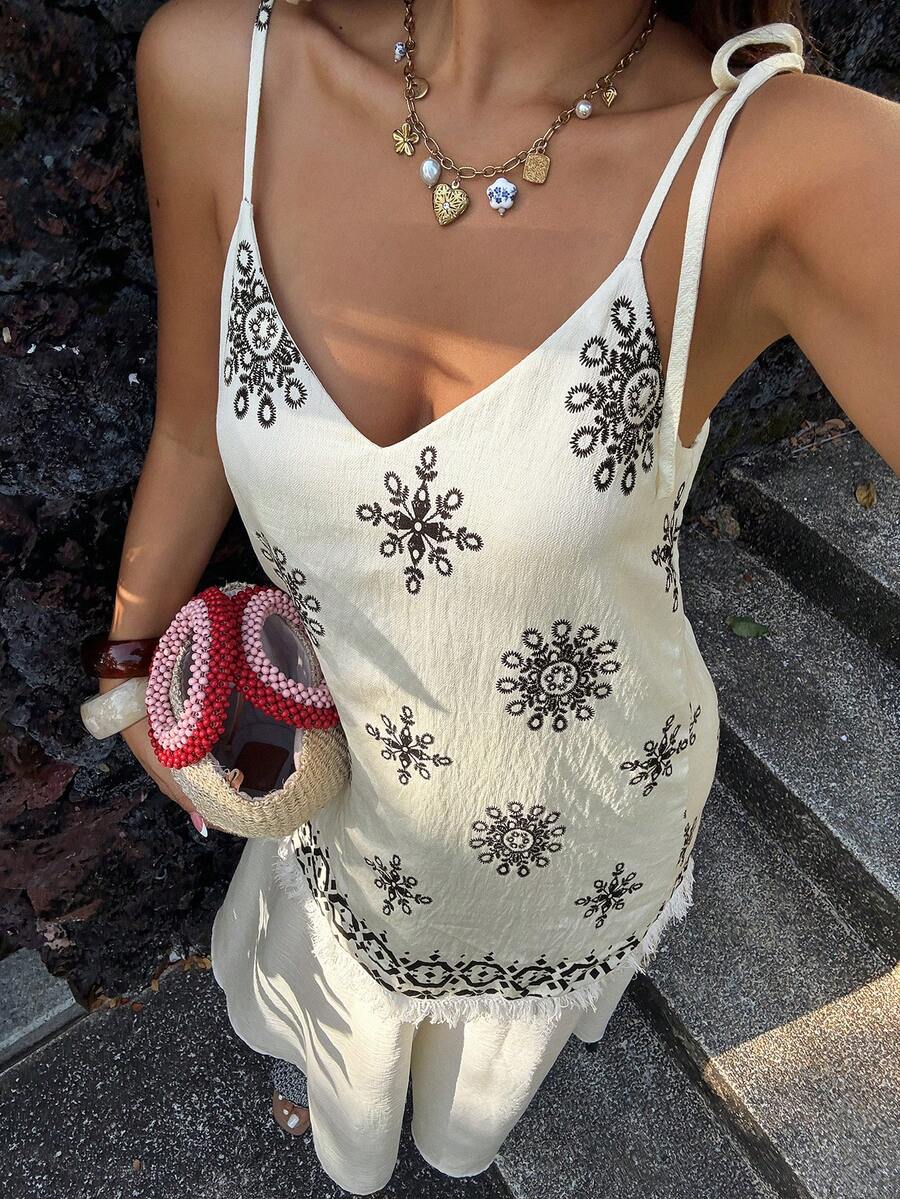 女士V领撞色拼接印花吊带连衣裙，度假休闲风夏日波西米亚风连衣裙 - 白色 - 查看 1