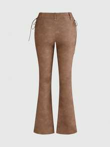 ROMWE Fairycore Sexy Siren Brown PU Skinny Lace-Up Women Pants - Brown - View 2