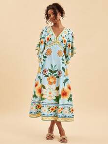 Travachic Vestido de vacaciones con estampado floral y mangas acampanadas - Verde - Ver 5