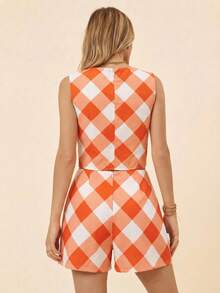 Coeurva Women's Chiffon Plaid Vest & Shorts 2 Pieces Set, Spring/Summer Vacation - Orange - View 2