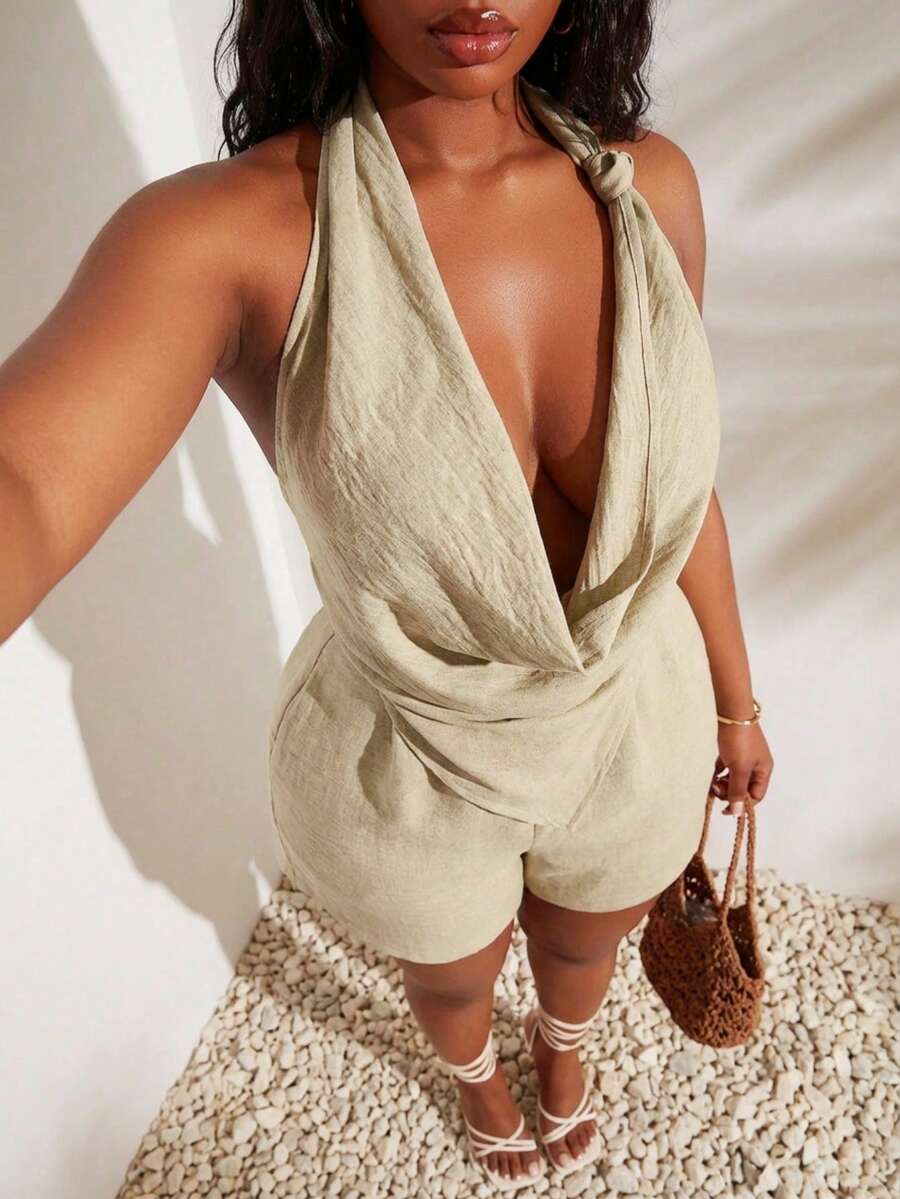 SHEIN SXY 大码女士性感深V露背上衣短裤两件套，夏季女装度假套装亚麻两件套露背连体衣女士连体裤夏季女士短裤套装度假连体裤连身裤女士度假套装女士紧身衣连体裤女士夏季套装女士夏季套装 - 卡其色 - 查看 1