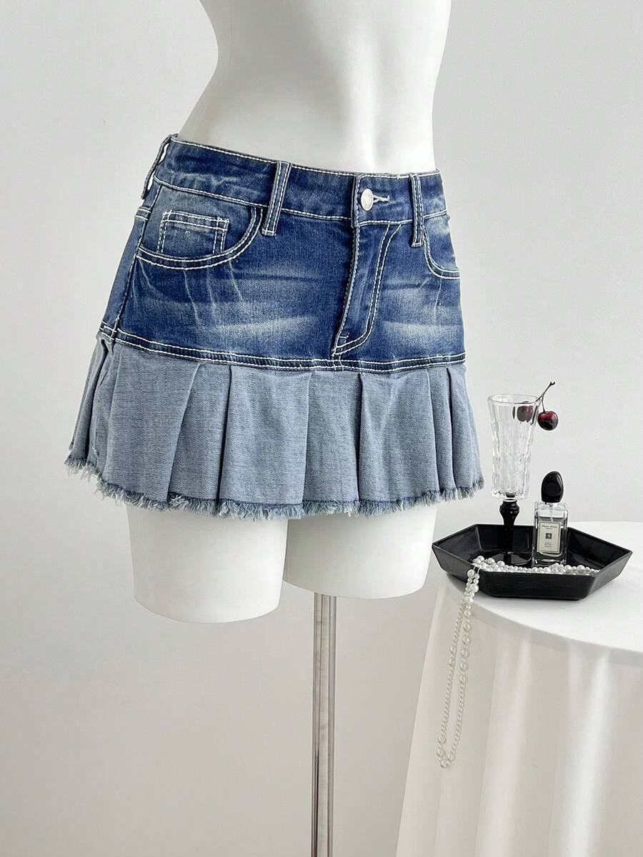 Elamini Fashionable Low-Waist Versatile Pleated Denim Mini Skirt - Medium Wash - View 1