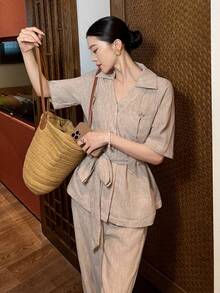 DAZY Women's Casual Pocket Belt Shirt And Wide Leg Pants 2 Pieces Set, Spring/Summer - Apricot - View 5