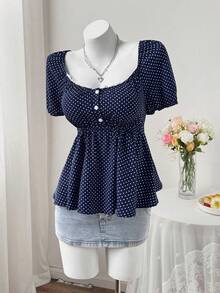SHEIN CURVE+ Plus Size Women's Comfortable Square Neck Polka Dot Print Short Sleeve Blouse - Navy Blue - View 4