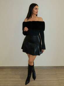 MDEdit 女士性感休闲复古露脐棕色毛领露肩长袖修身上衣，Y2K风格，秋冬款 - 黑色 - 查看 6