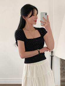 DAZY 女士波点方领修身休闲T恤 - 黑色 - 查看 4