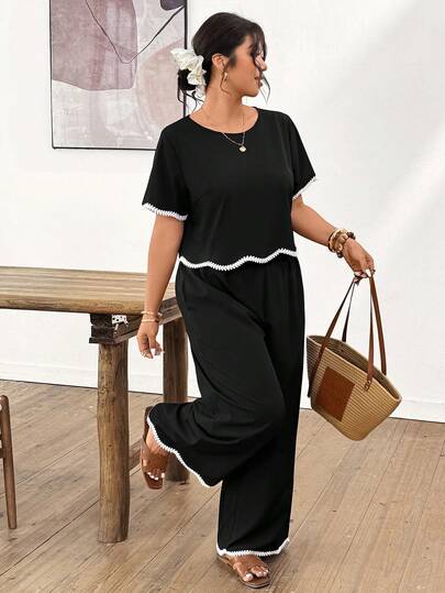 Lounesse Plus Size Women Loose Casual Round Neck Short Sleeve Shirt And Wide Leg Pants 2 Pieces Set