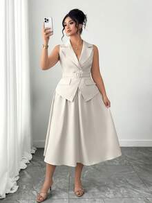 Elenzga 大码优雅通勤纯色背心半身裙套装，女士正式礼服，女士优雅派对礼服，女士春季套装，女士工作装，女士正式礼服，女士优雅派对礼服，女士春夏套装，女士工作装，女士连衣裙，优雅经典夏季套装，女士连衣裙，女士正式礼服，女士优雅套装，女士工作装，女士办公室套装 - 杏色 - 查看 3