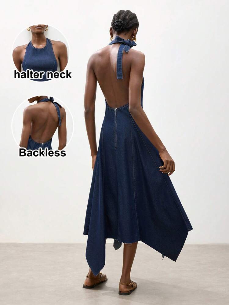 SHEIN Maija Vestido vaquero casual de mujer con escote halter sin espalda y bajo asimétrico