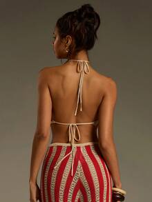 Athîral Women's Striped Hollow Asymmetric Hem Halter Neck Knit Top - Multicolor - View 2